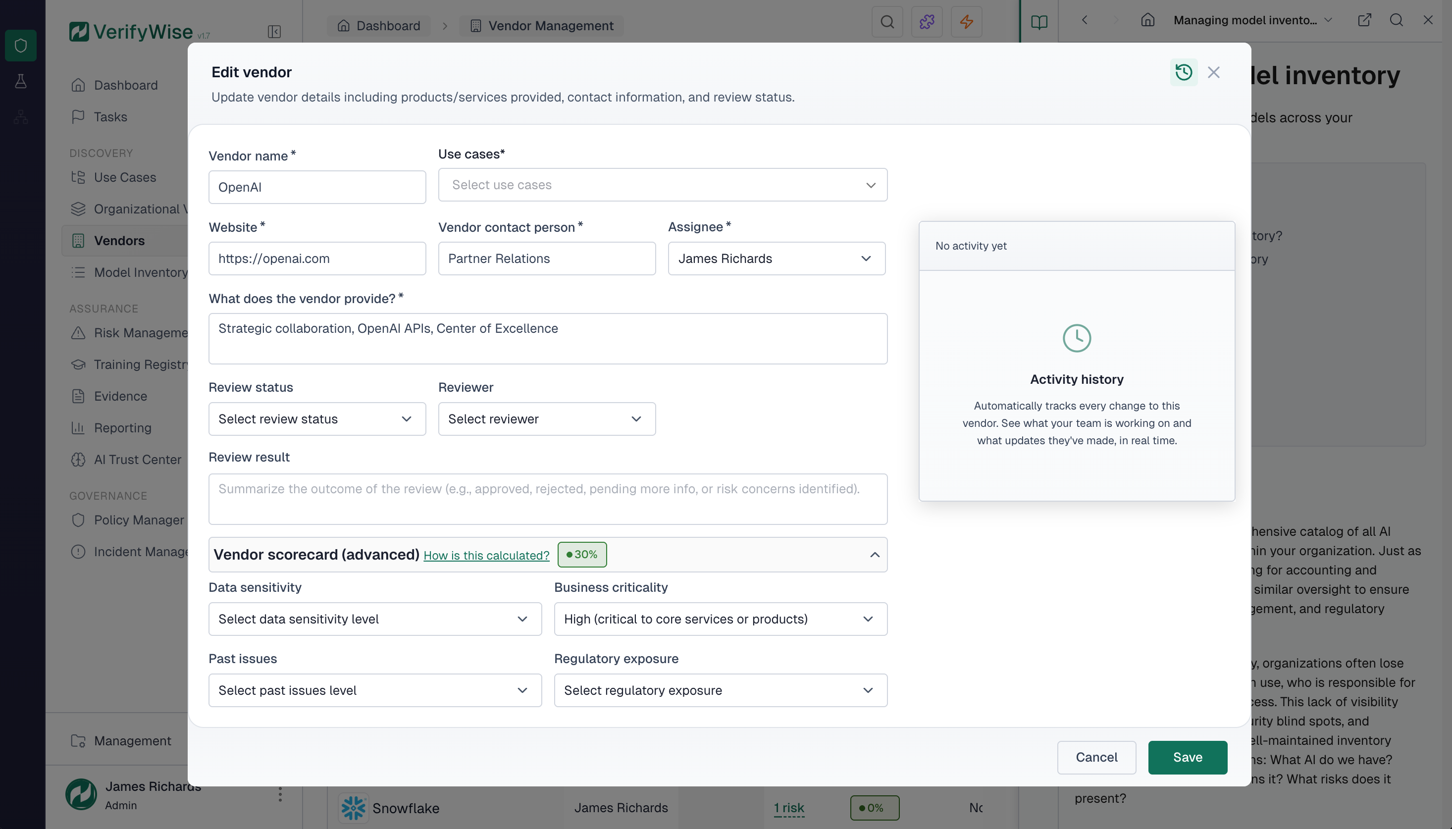 Activity history tab showing audit trail with timestamps and user actions