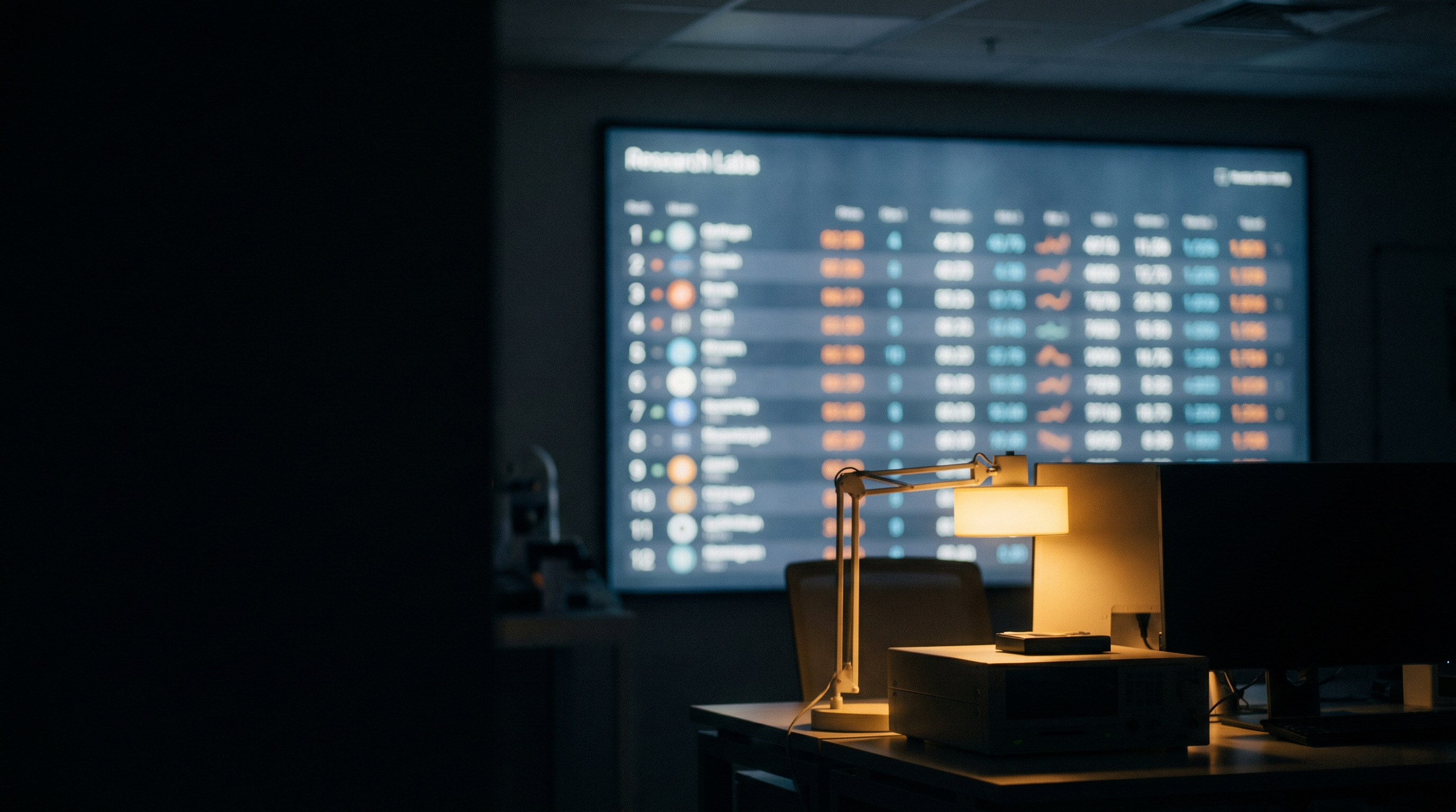 Dimly lit leaderboard display showing AI model scores, representing the gap between benchmark performance and governance readiness