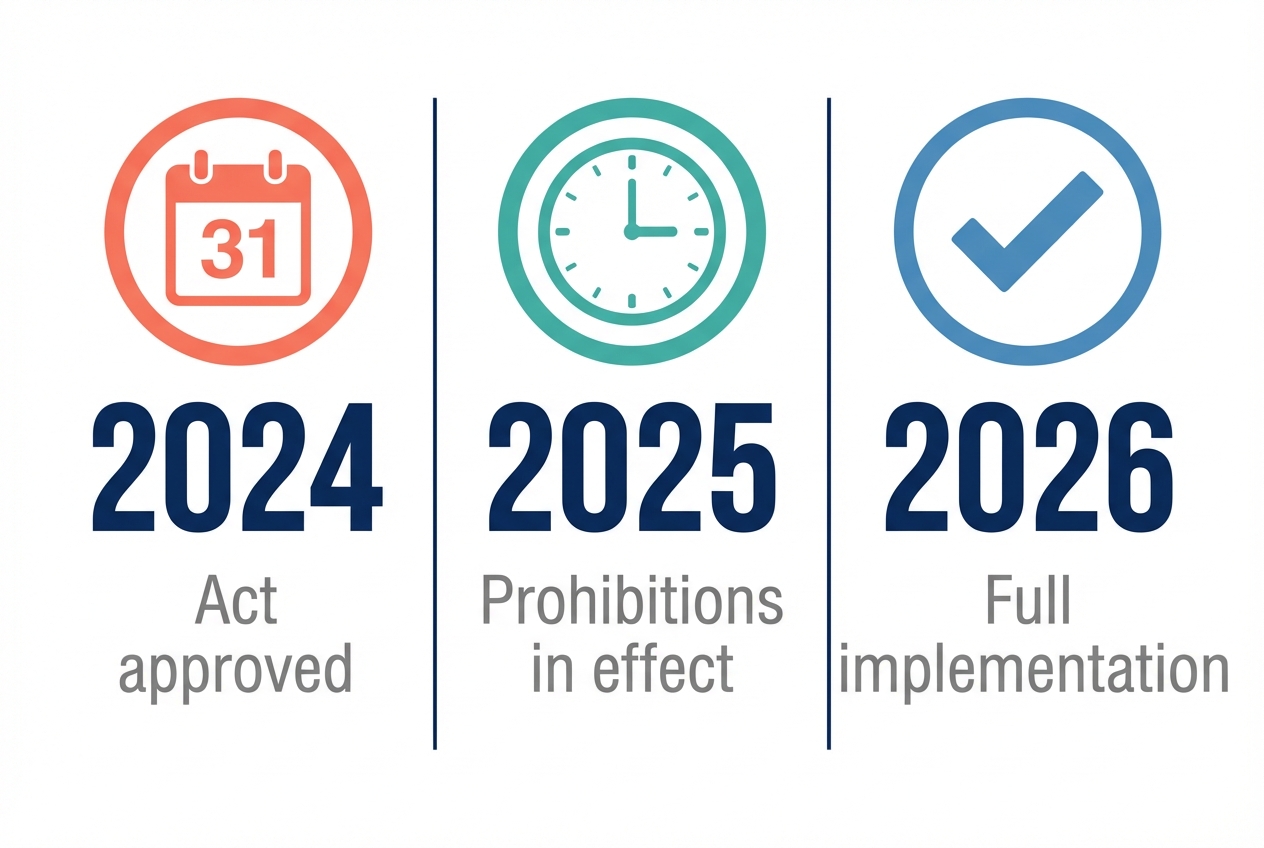 EU AI Act timeline: 2024 approved, 2025 prohibitions, 2026 full implementation