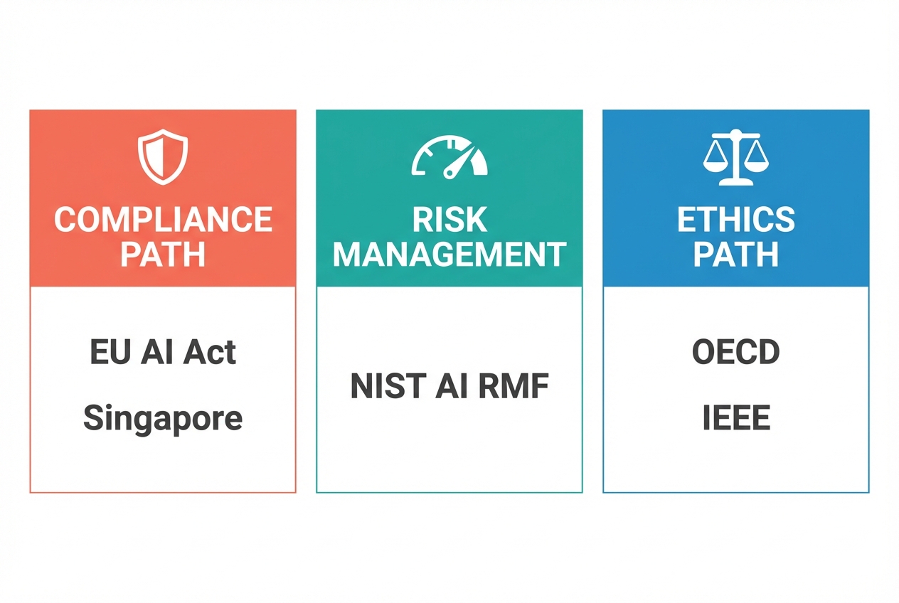 Three governance framework paths: compliance, risk management, and ethics