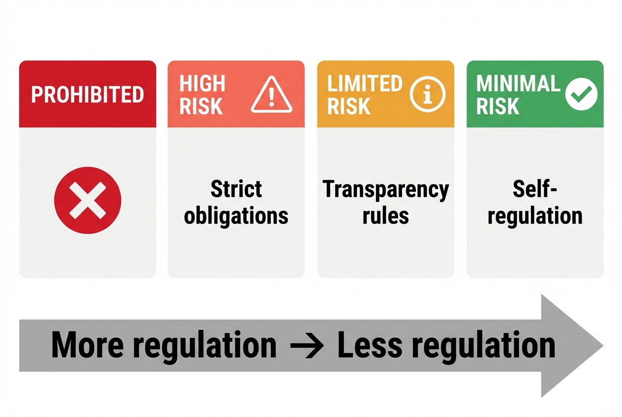EU AI Act risk tiers: prohibited, high risk, limited risk, minimal risk