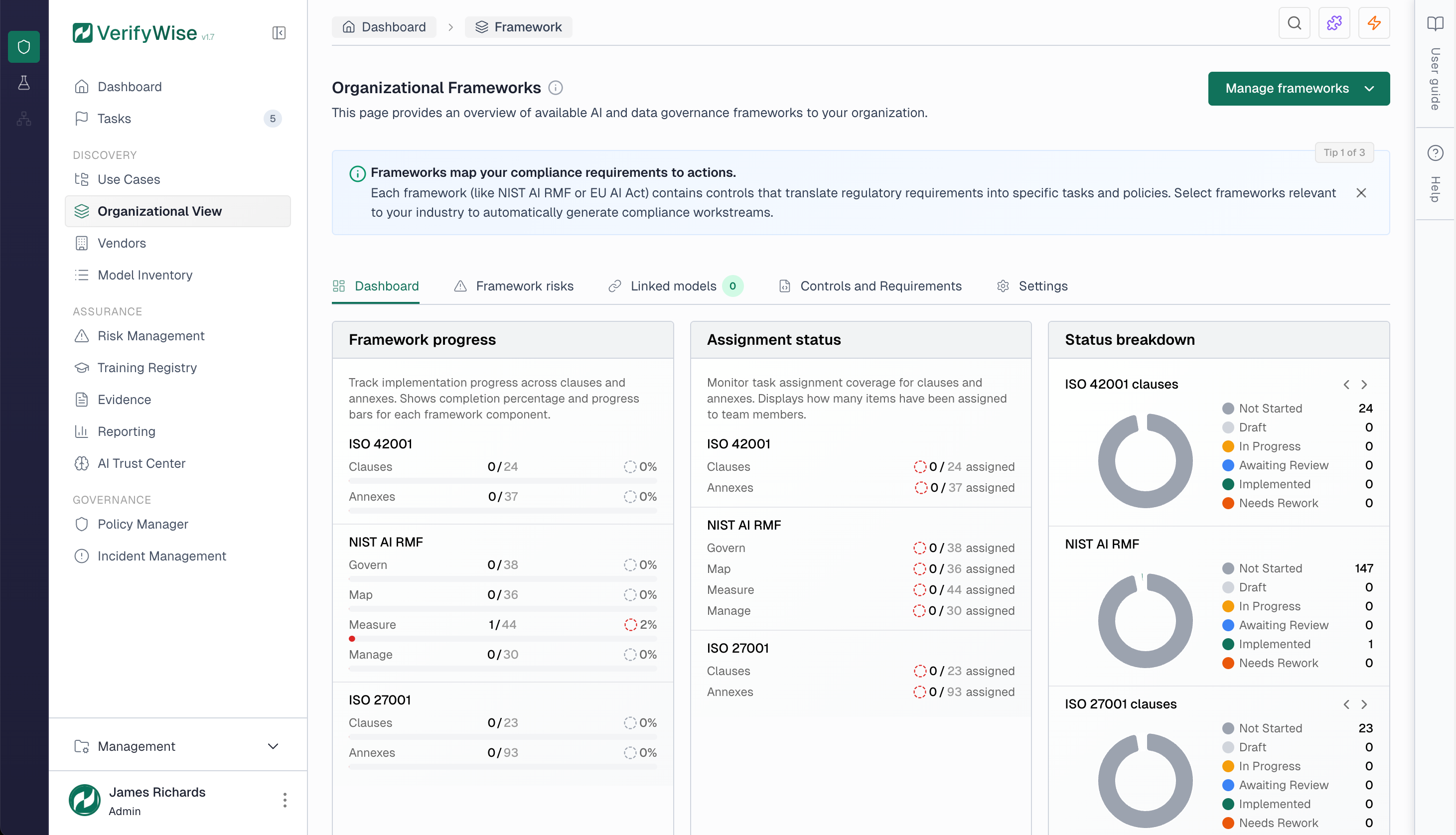 ISO framework view with tabular structure showing clauses, status and evidence counts