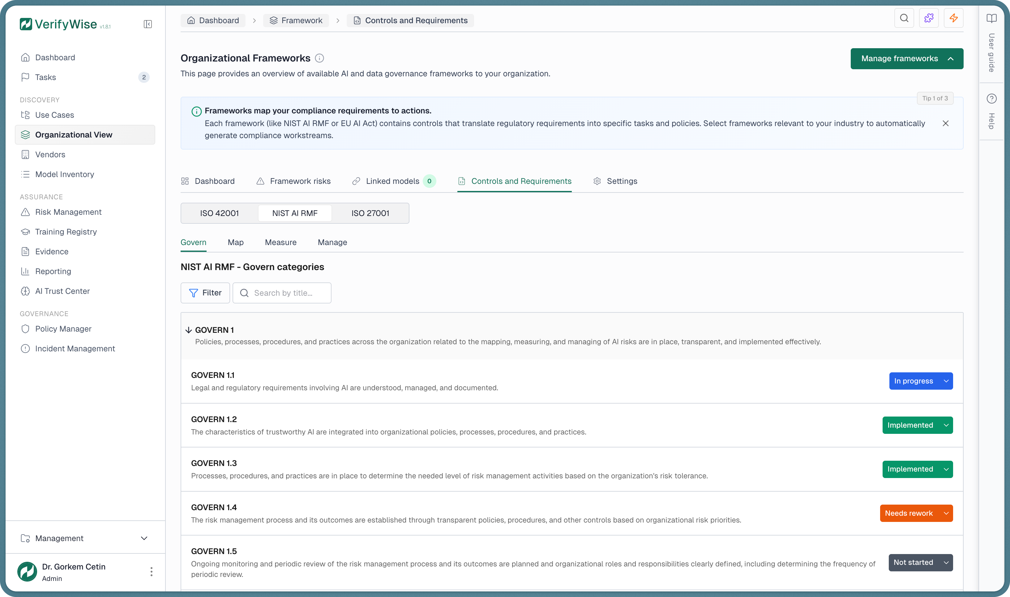 NIST AI RMF dashboard in VerifyWise showing the Govern function with expandable subcategories for organizational context, risk management strategy, roles and responsibilities, policies, and continuous improvement