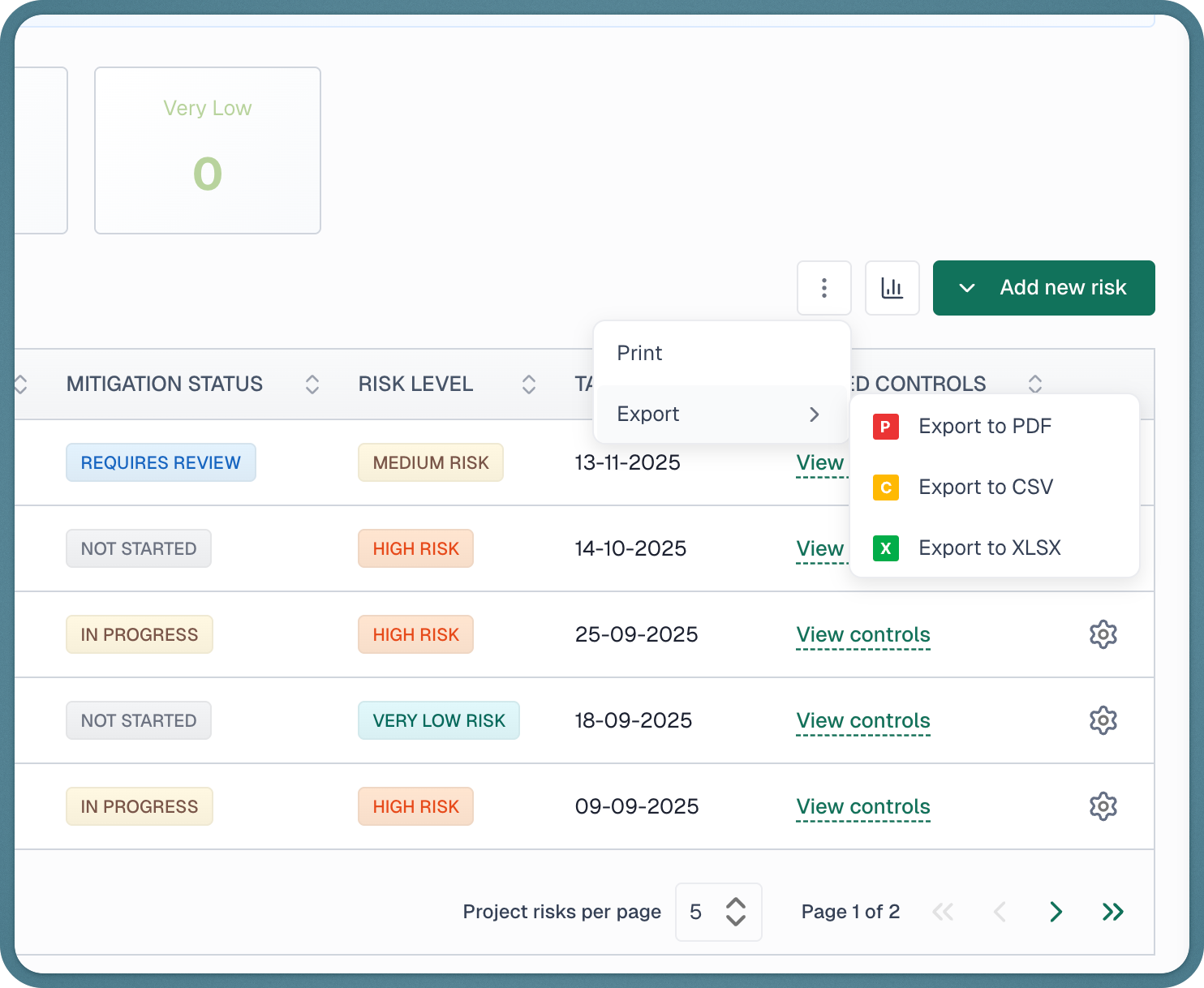 Table export menu showing Print, Export to PDF, Export to CSV, and Export to XLSX options for downloading VerifyWise data