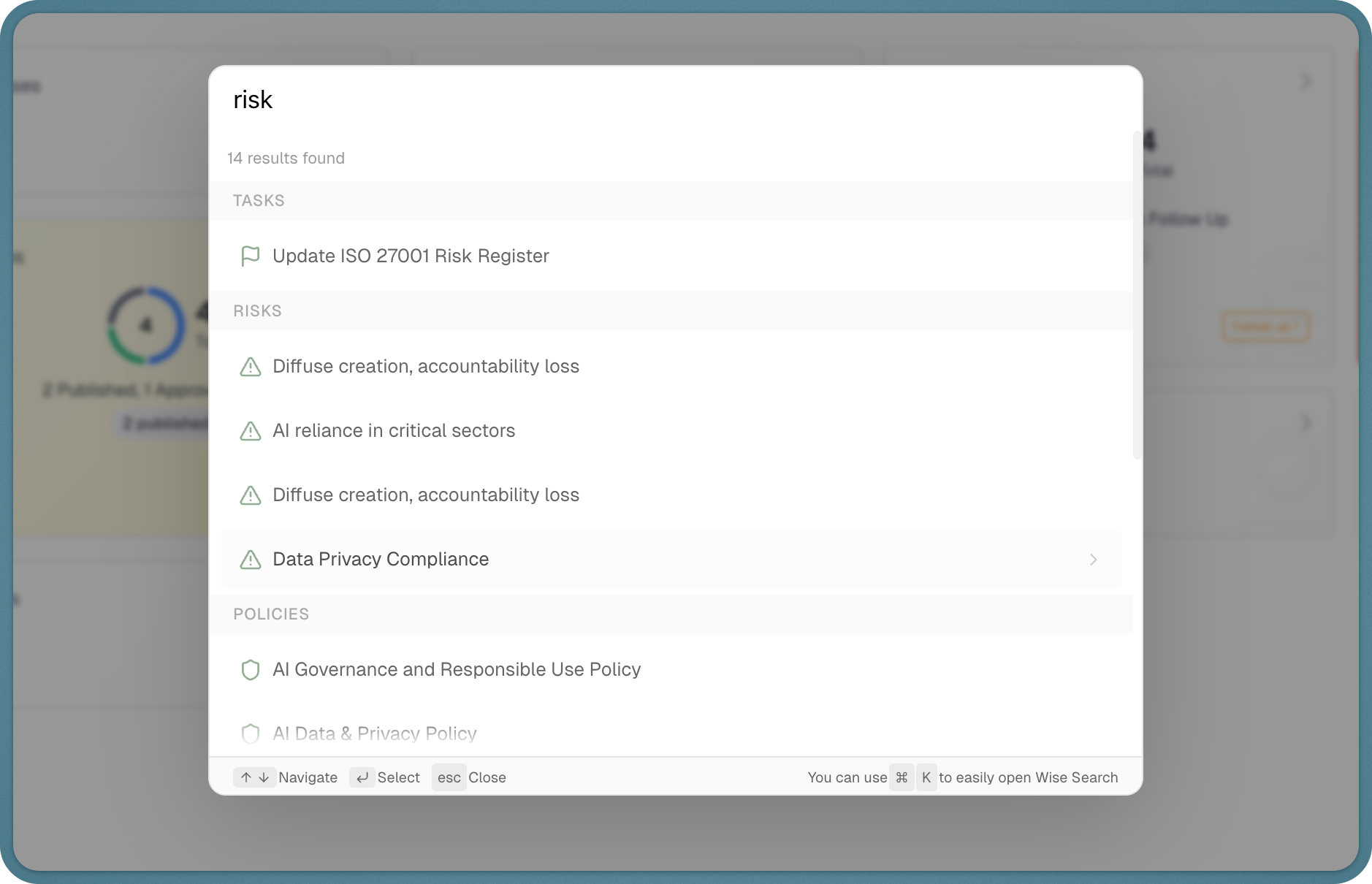 Wise Search command palette showing search results for "risk" with matches across projects, controls, and subcontrols including risk assessment and risk management entries