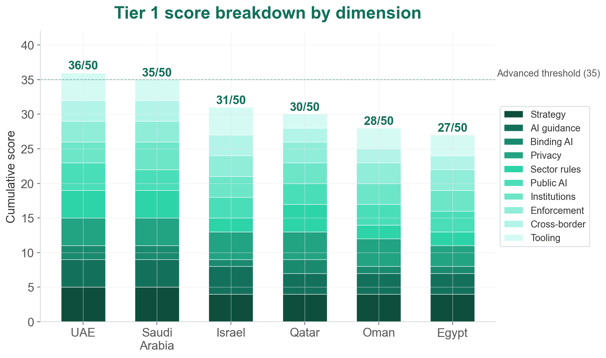 Tier 1 country score breakdown by governance dimension