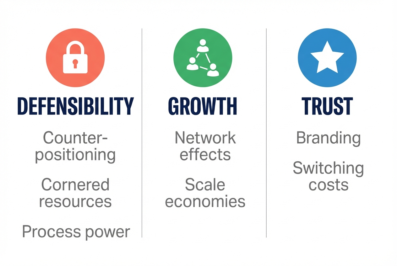 Three strategic themes: defensibility, growth, and trust