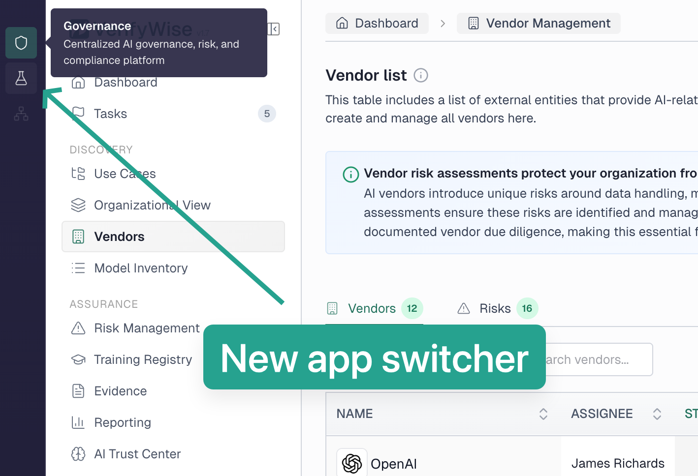 App switcher sidebar showing available platform modules