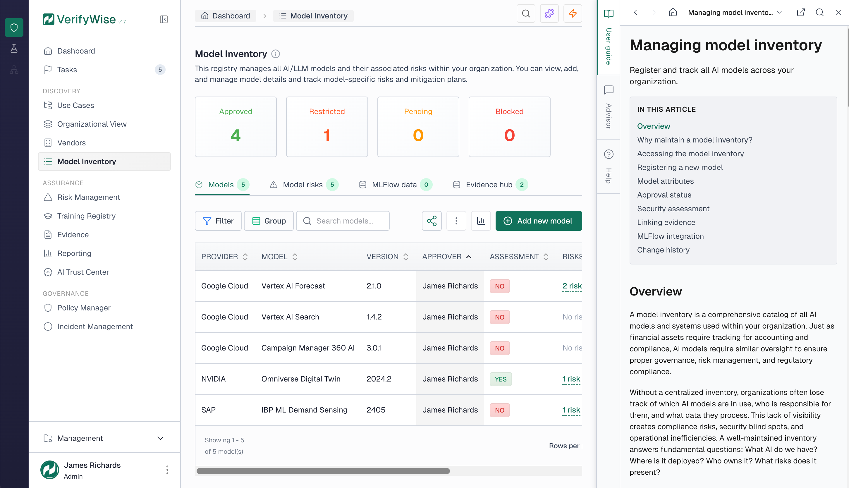 User guide sidebar open within VerifyWise showing search and contextual help articles