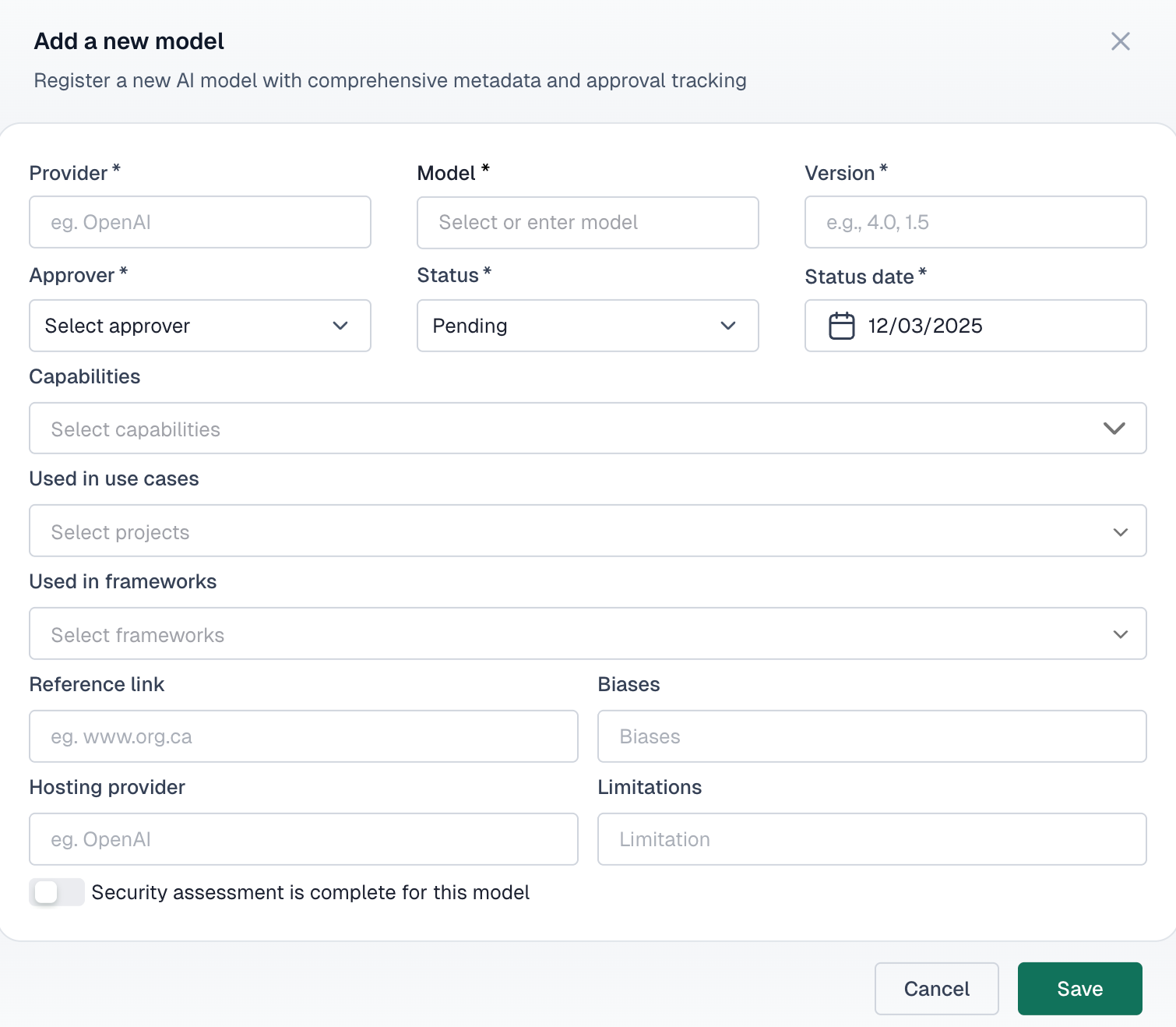 Add a new model form with fields for provider, model name, version, approver, status, capabilities, use cases, frameworks, reference link, biases, hosting provider, and limitations