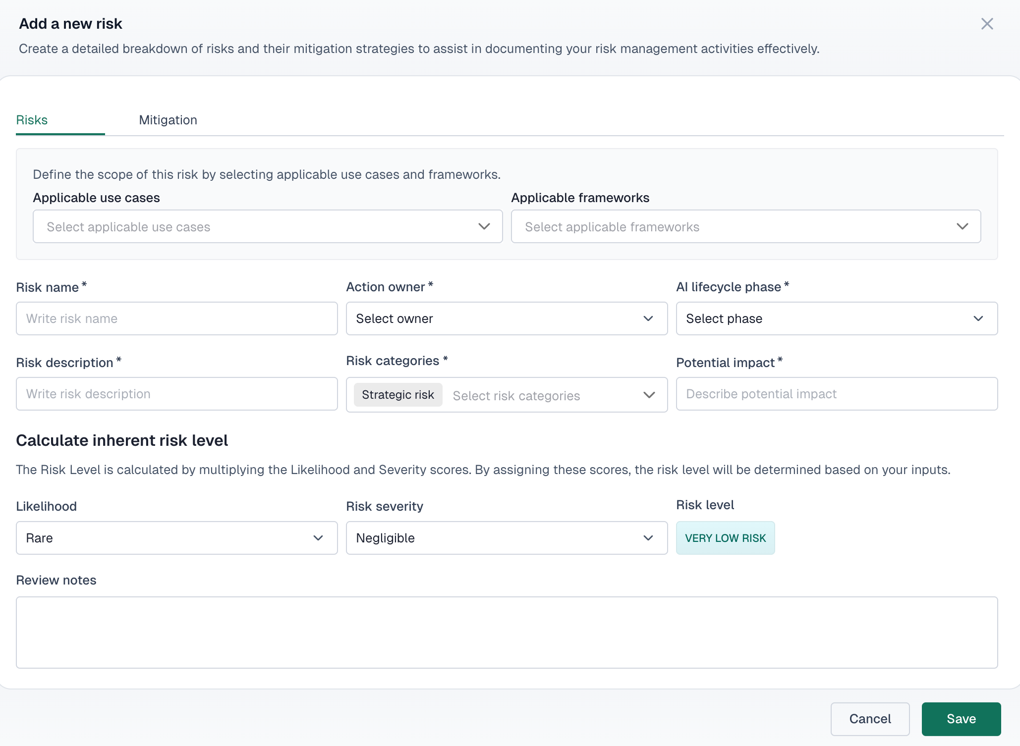 Add a new risk modal showing fields for applicable use cases, frameworks, risk name, action owner, AI lifecycle phase, risk description, risk categories, potential impact, likelihood, severity, and calculated risk level