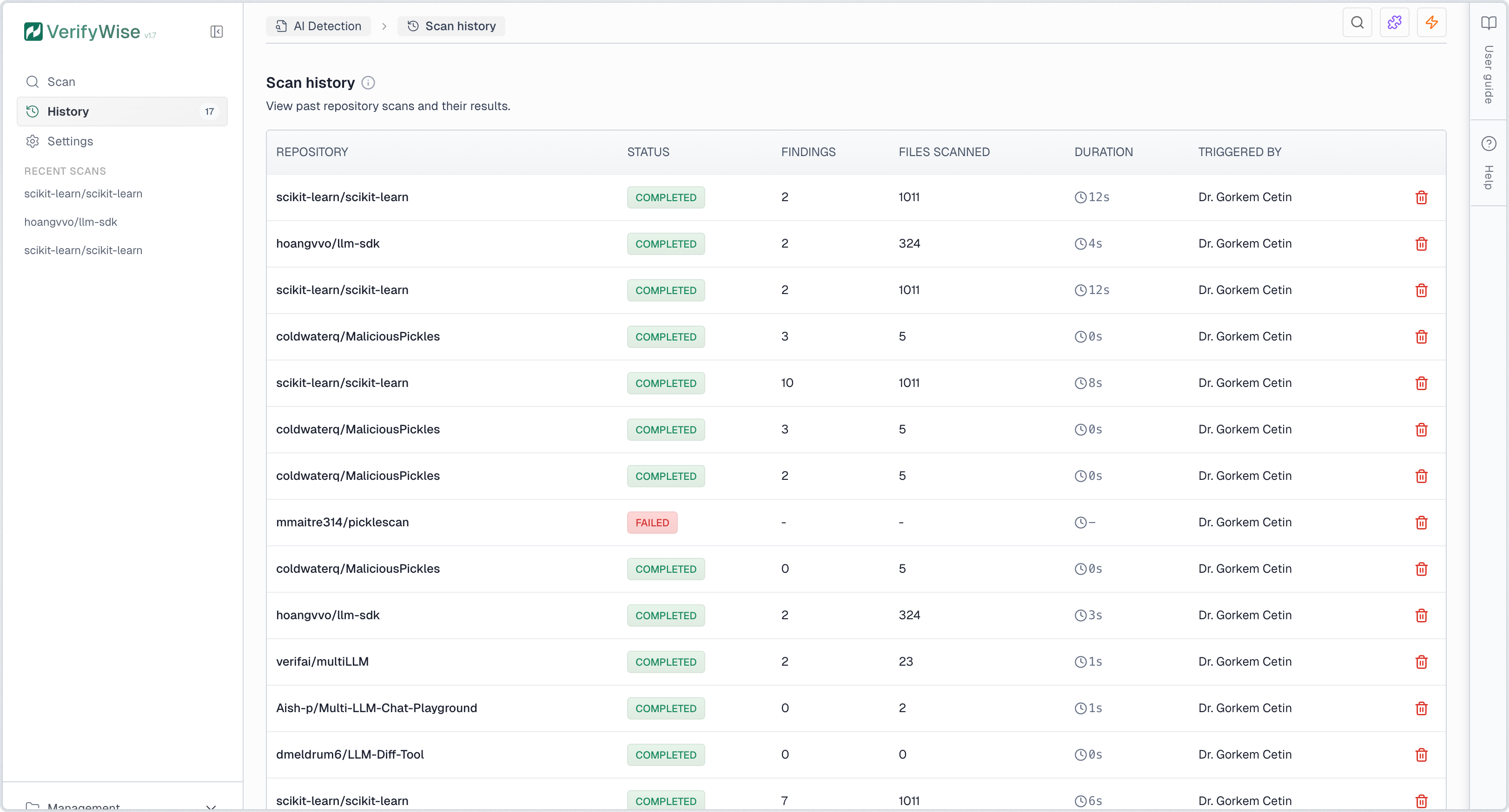 Scan history table showing past repository scans with status and findings