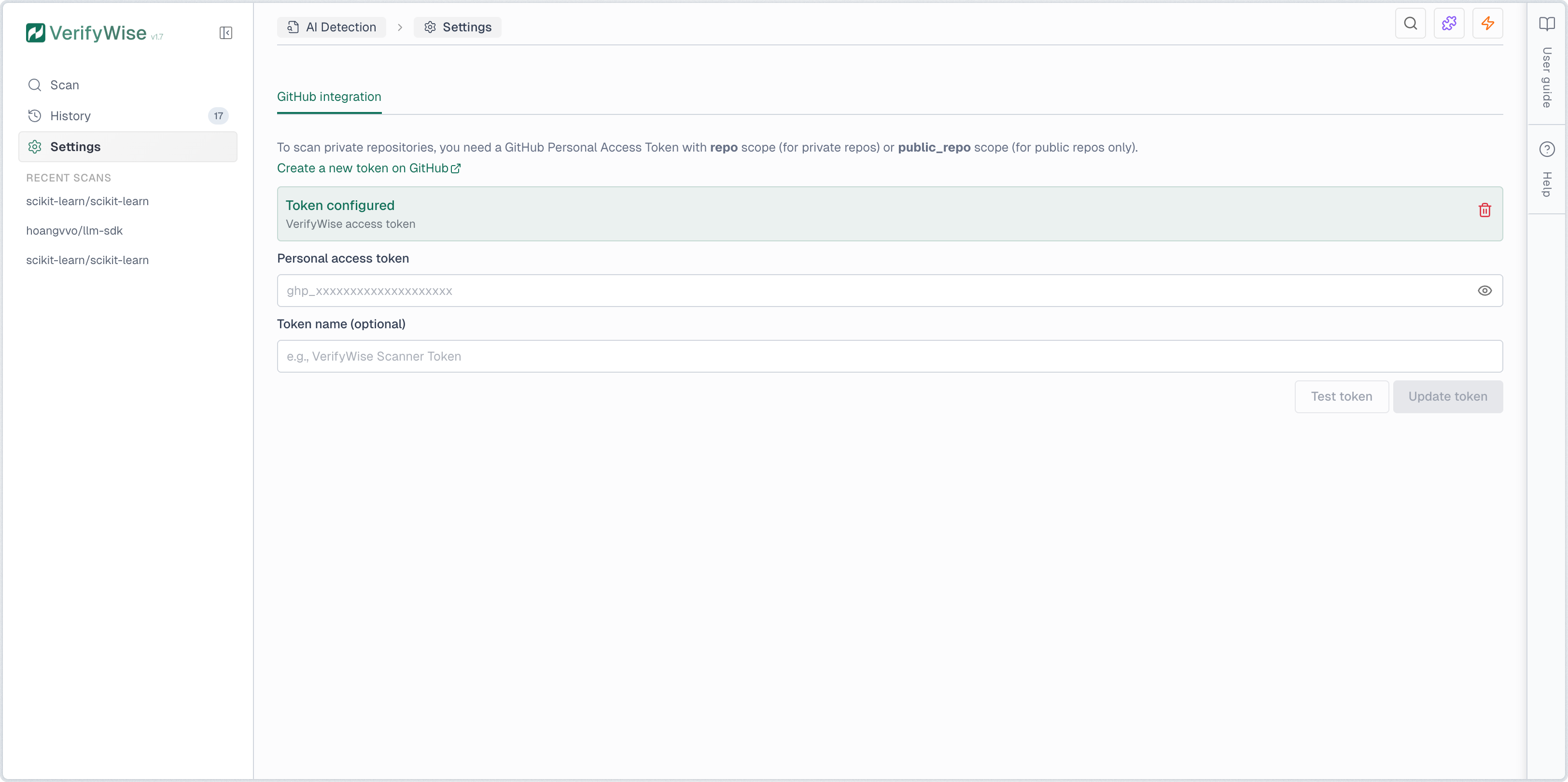 AI Detection settings page with GitHub token configuration