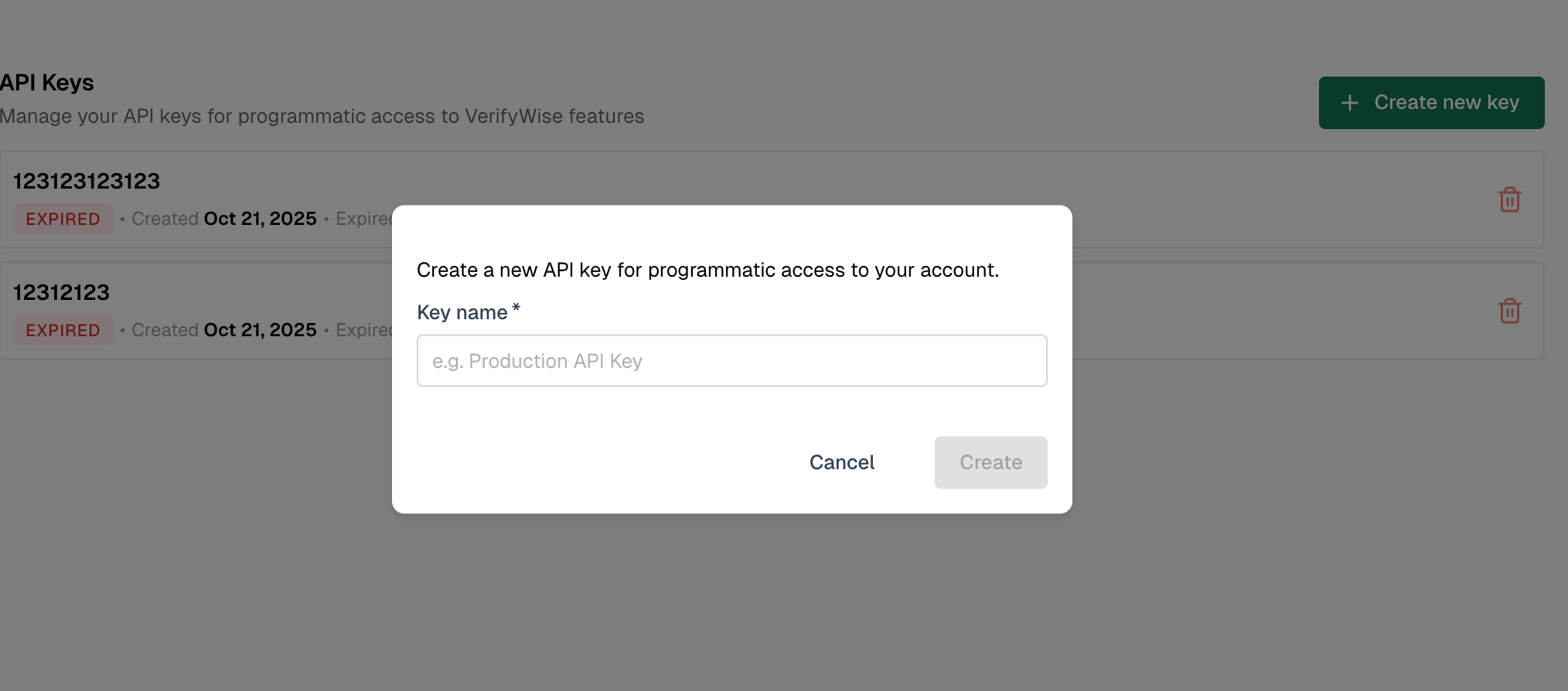 Create API key modal with a key name input field and Create button