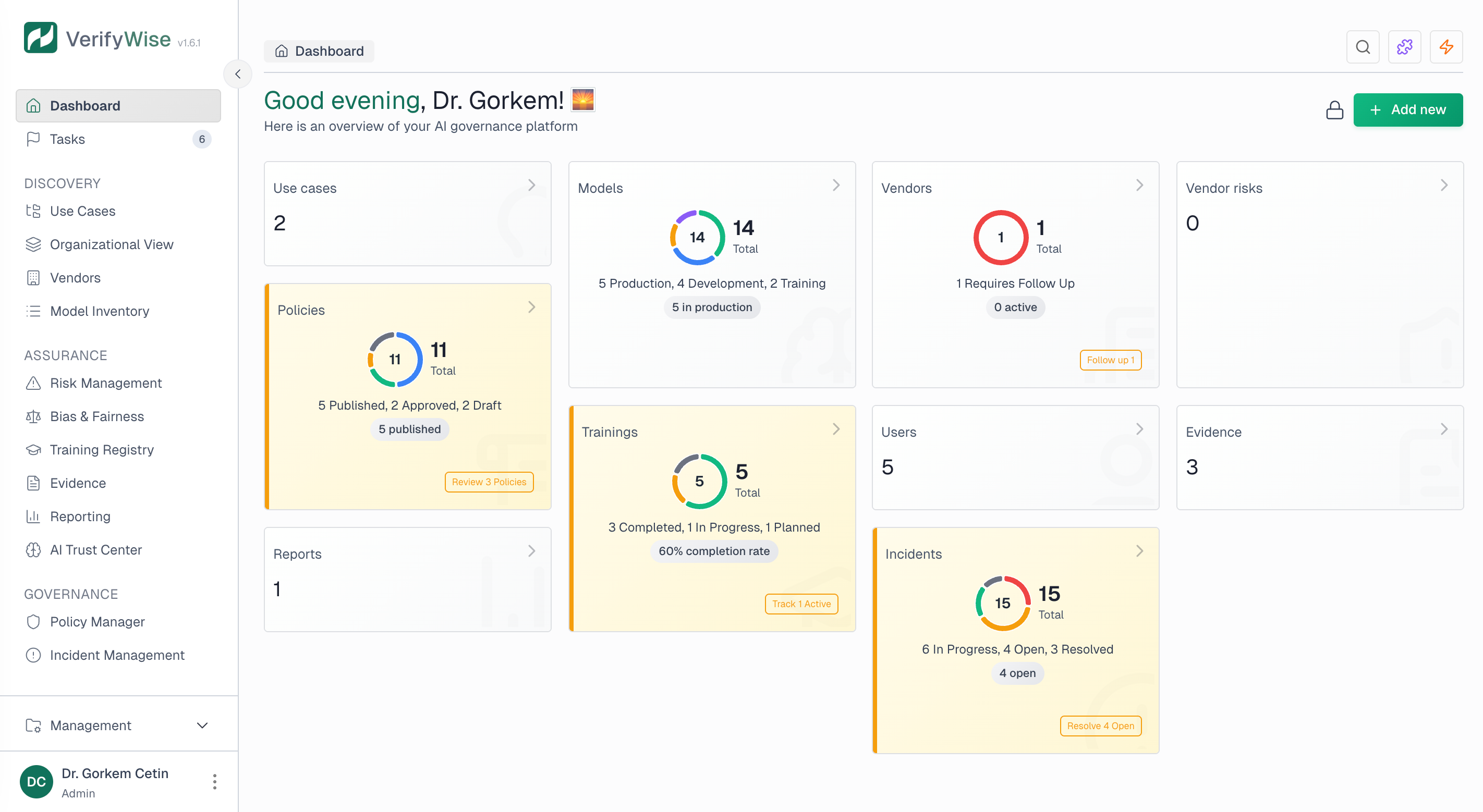 VerifyWise dashboard showing widget cards with status charts for models, vendors, policies, trainings, and incidents