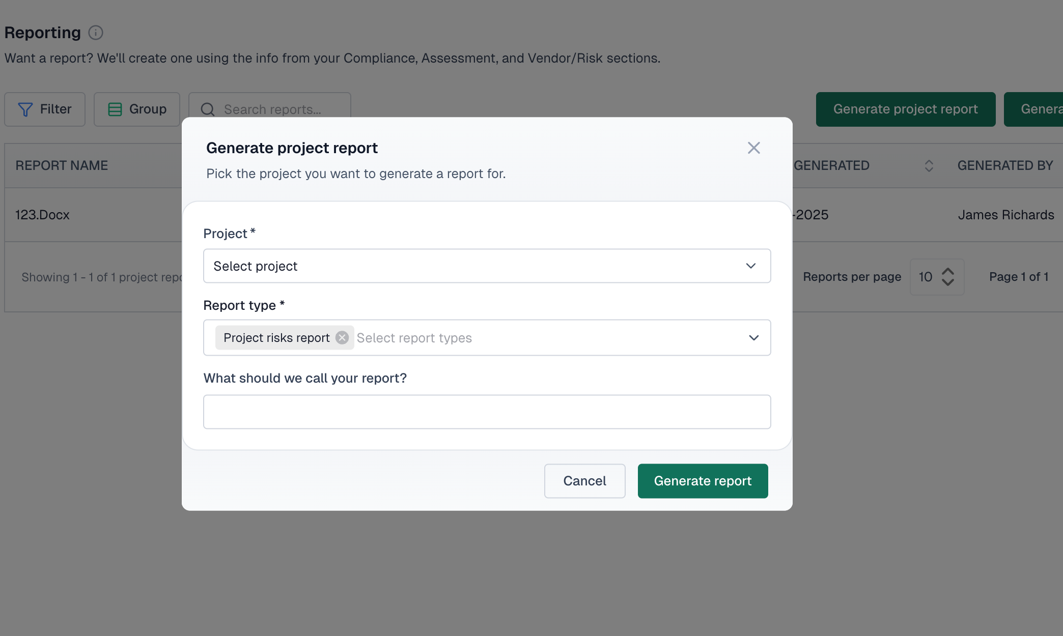Generate project report modal with fields for selecting a use case, report type, and custom report name