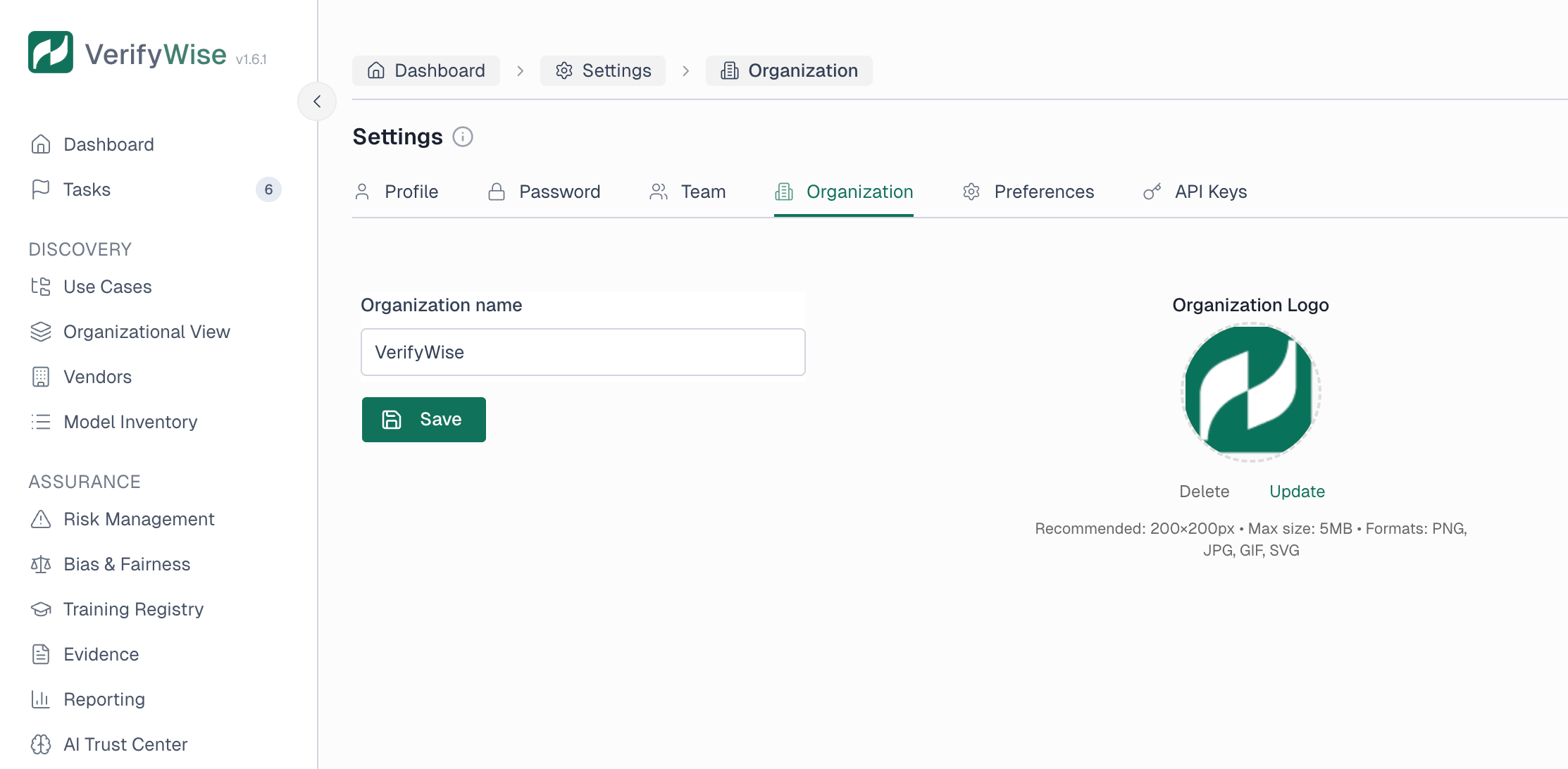 Organization settings tab showing organization name field and logo upload with Delete and Update options