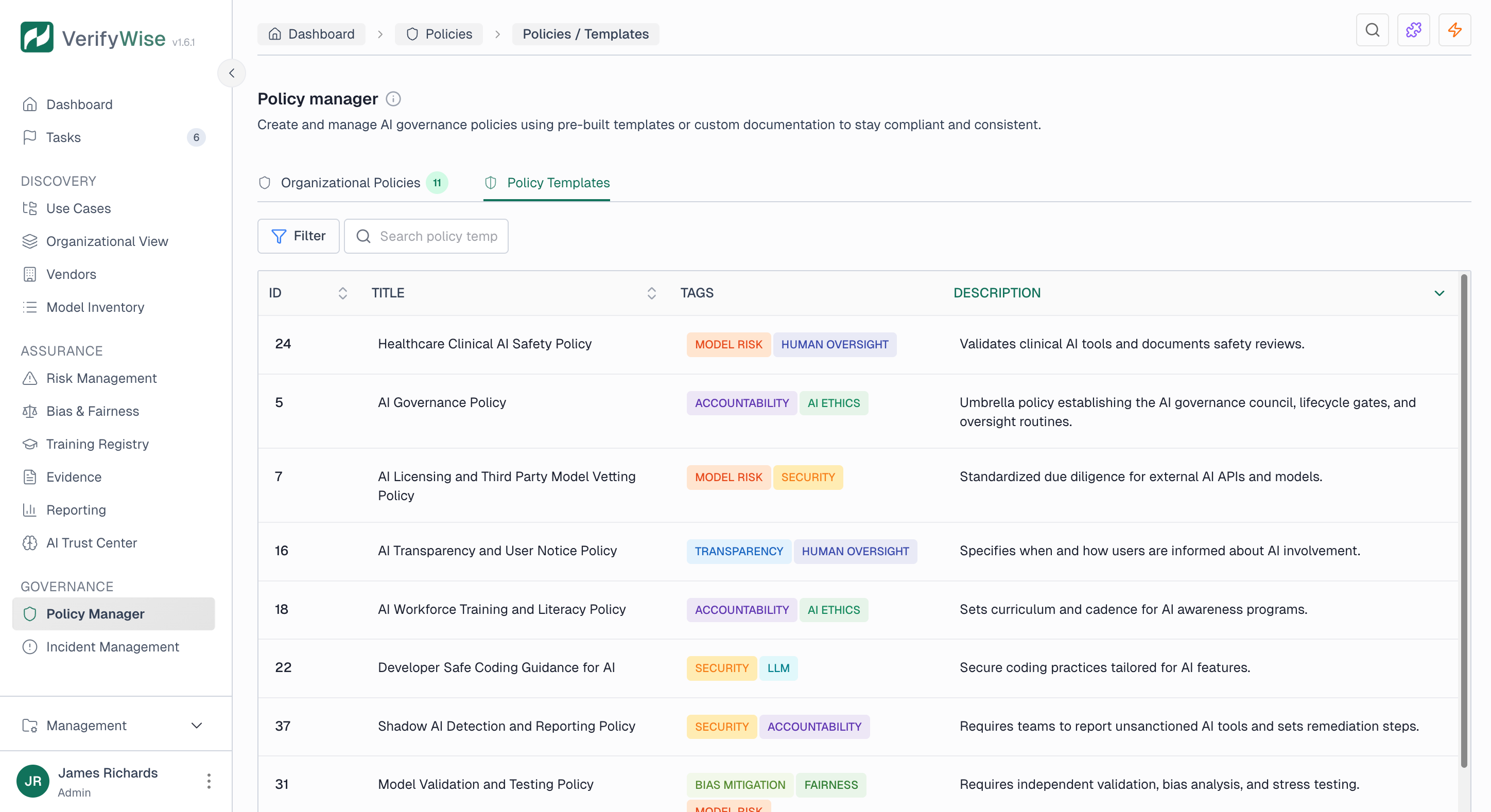 Policy Templates tab showing a list of pre-built templates with columns for ID, Title, Tags, and Description covering topics like AI safety, governance, transparency, and security