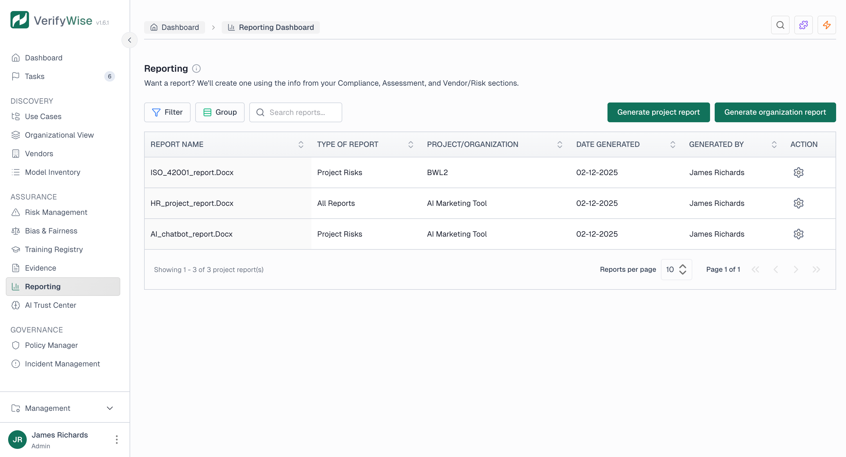 Reporting page showing a table of generated reports with columns for report name, type of report, project/organization, date generated, and generated by