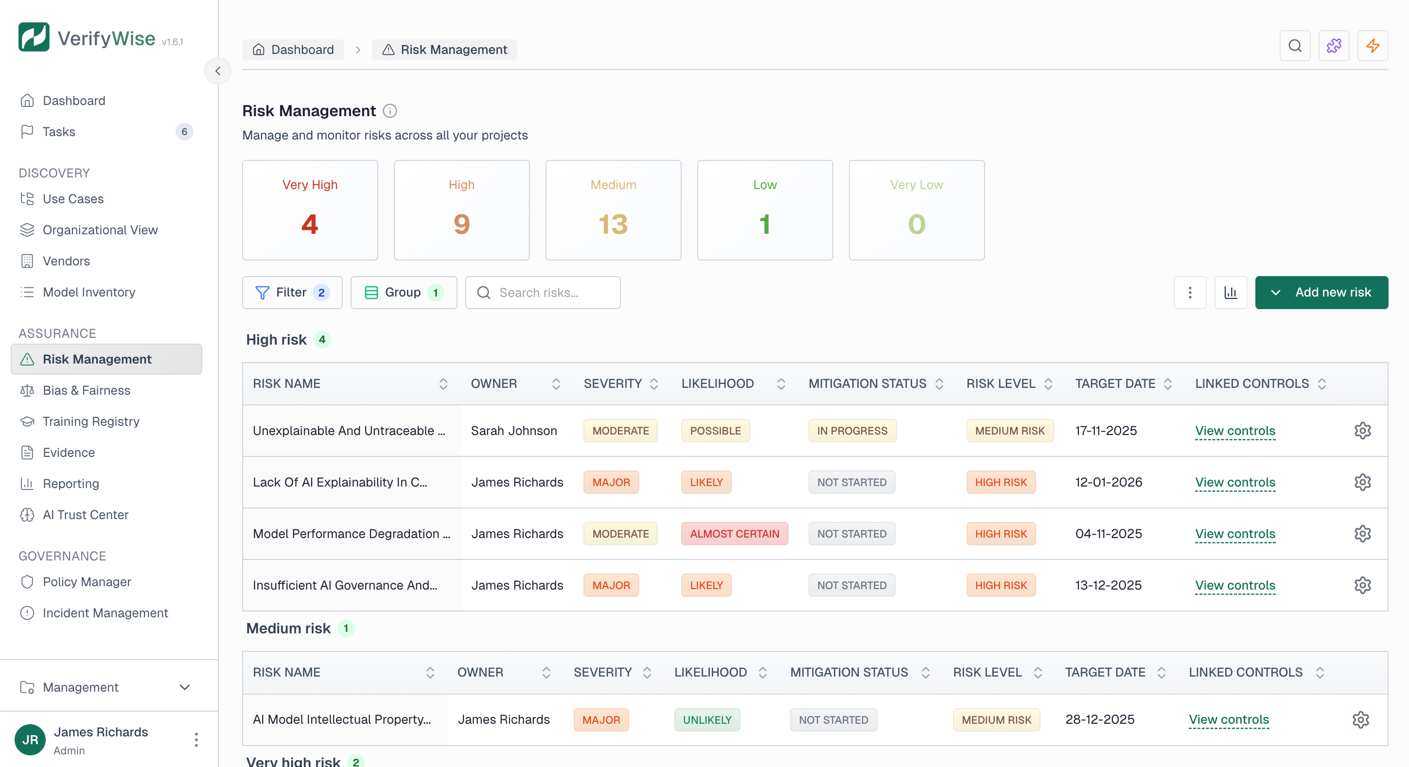 Risk Management page showing risk level summary cards and a table of risks with severity, likelihood, mitigation status, and risk level columns