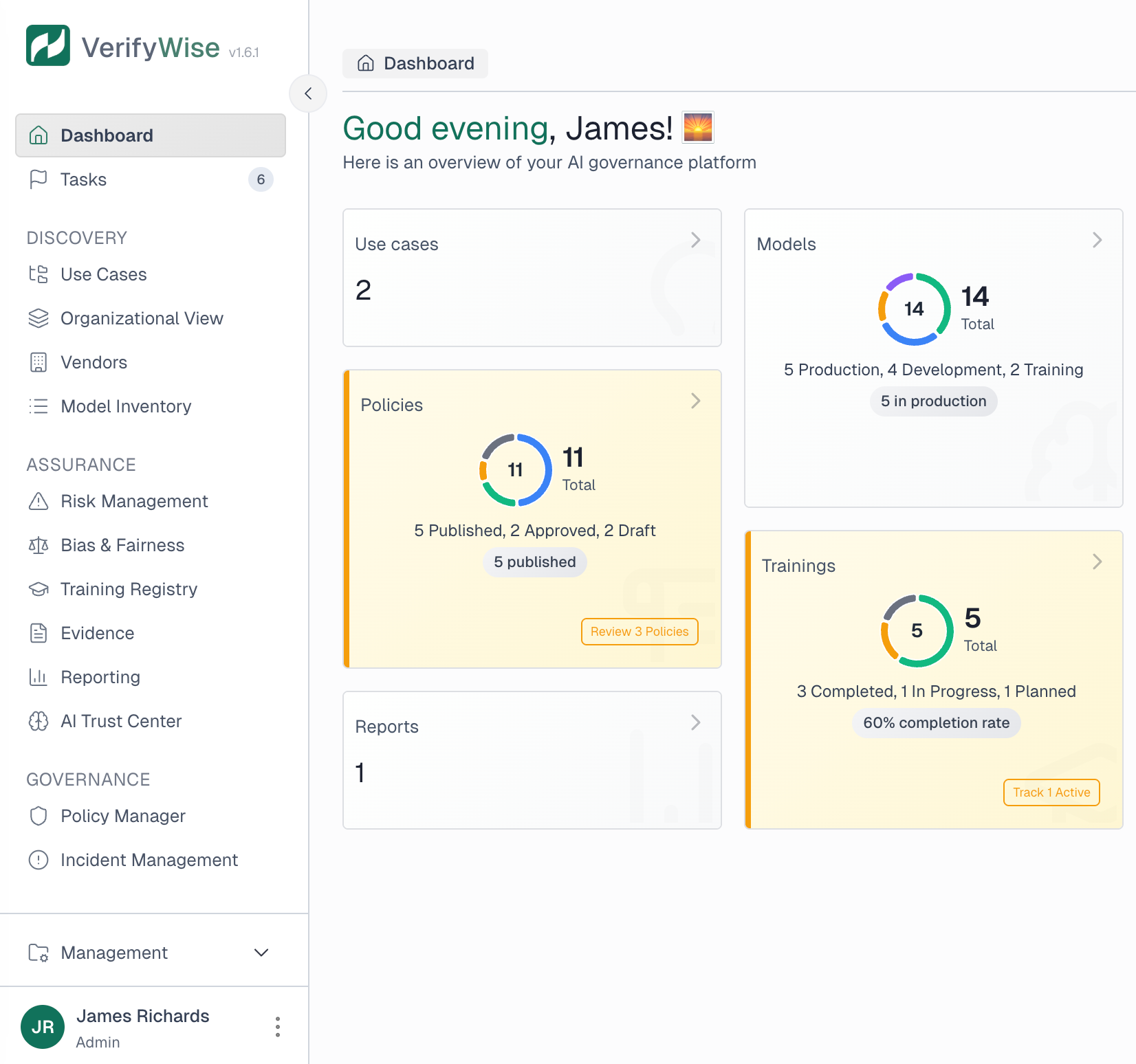 VerifyWise sidebar navigation showing Dashboard, Tasks, Discovery, Assurance, and Governance sections with expandable menus