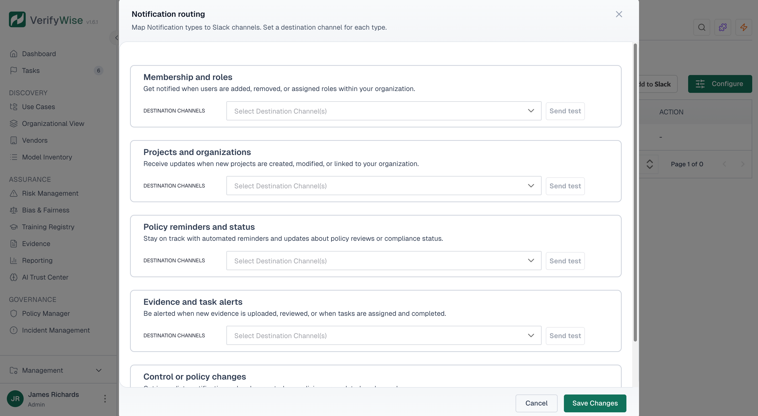 Notification routing modal showing different notification types like Membership and roles, Projects and organizations, Policy reminders, and Evidence alerts with channel selection dropdowns