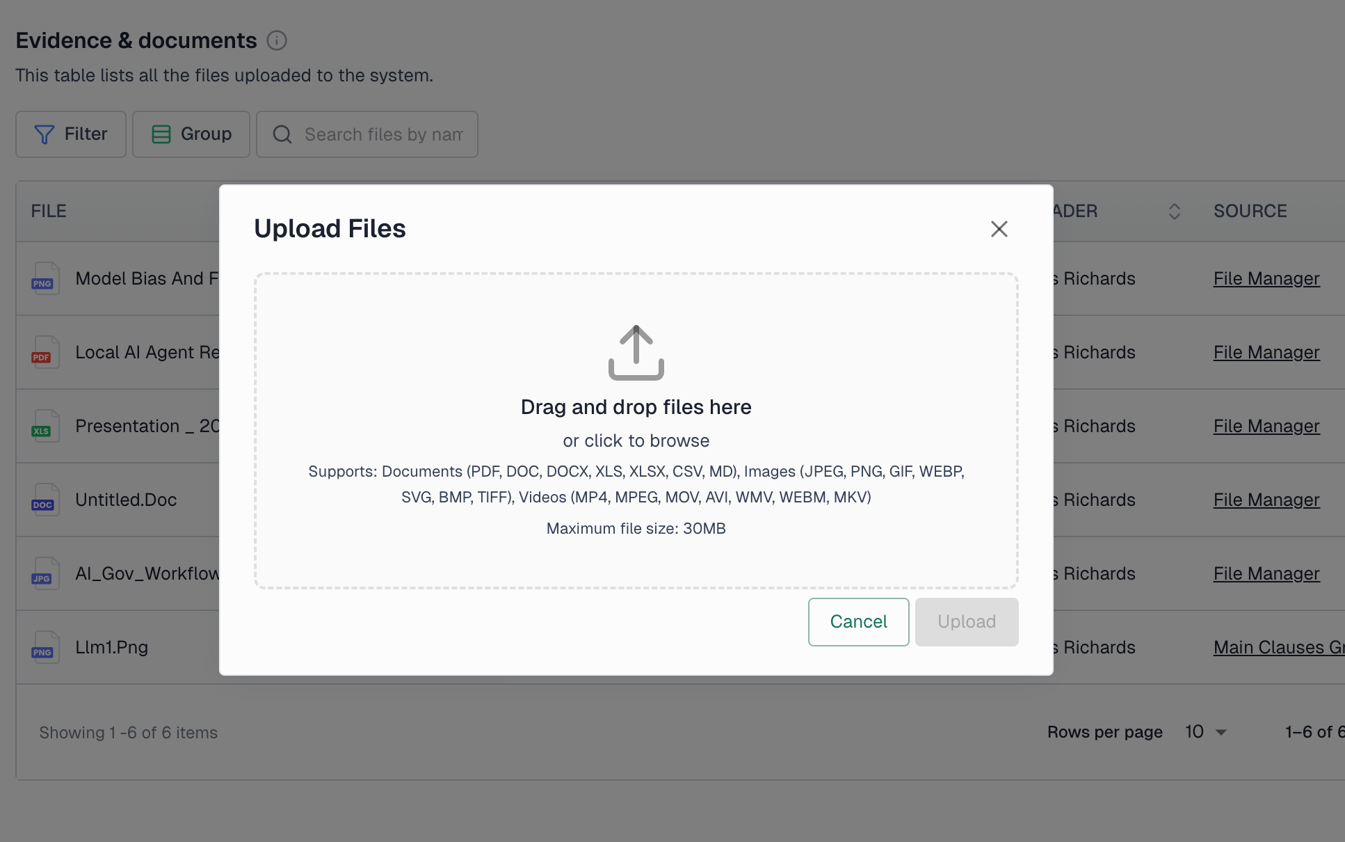 Upload files modal with drag and drop area supporting documents, images, and videos up to 30MB