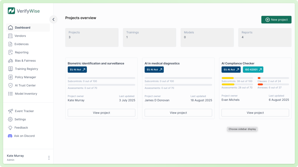VerifyWise AI governance dashboard